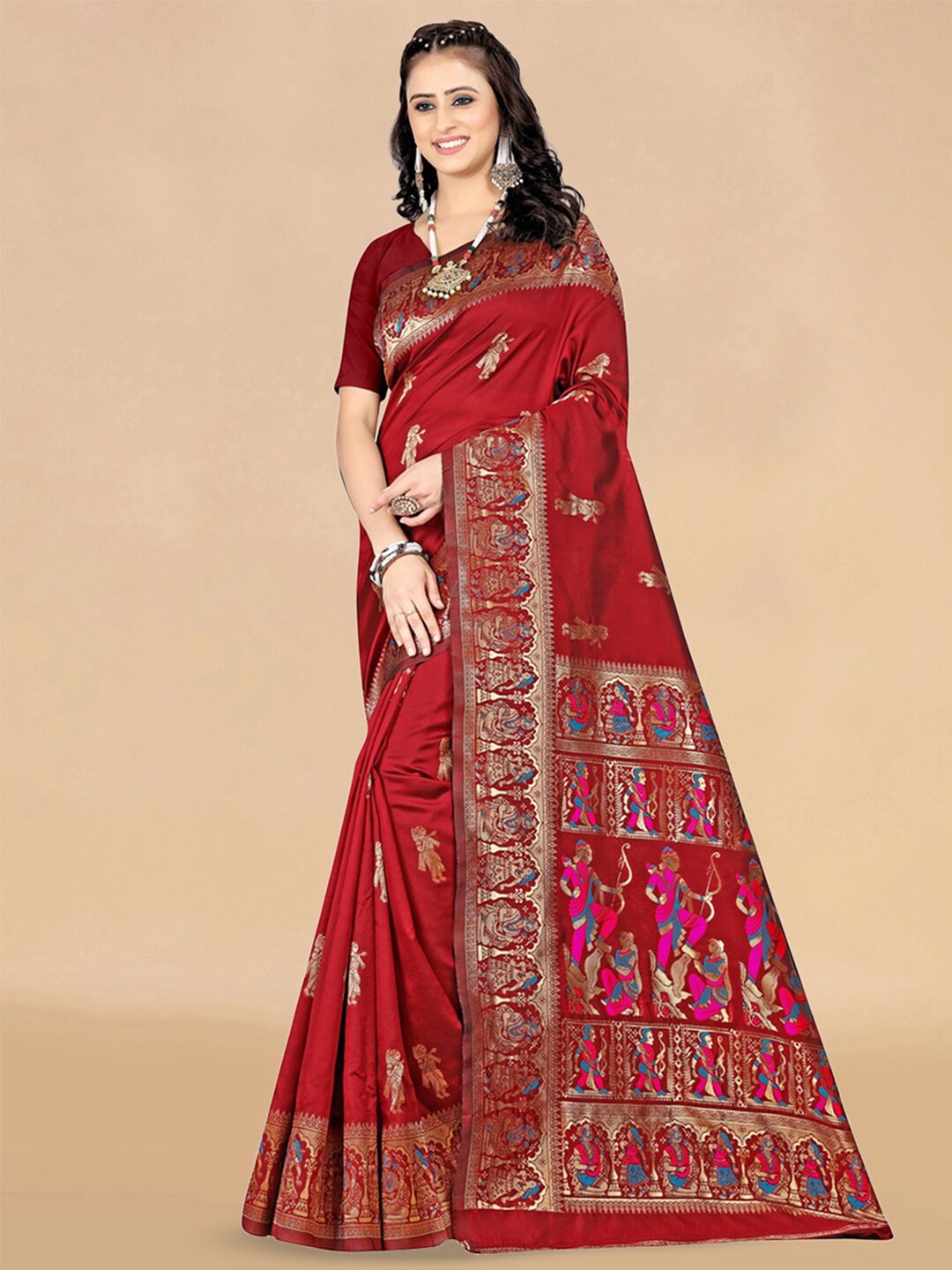 

KALINI Ethnic Motifs Woven Design Zari Banarasi Saree, Red