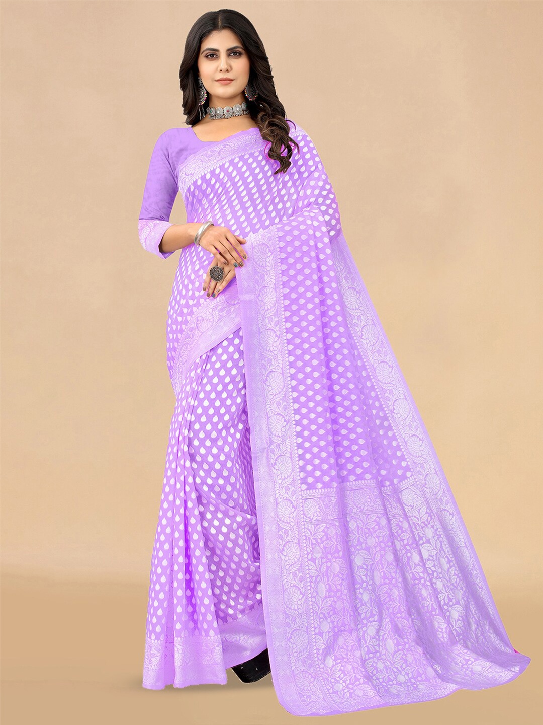 

KALINI Ethnic Motifs Woven Design Zari Banarasi Saree, Lavender