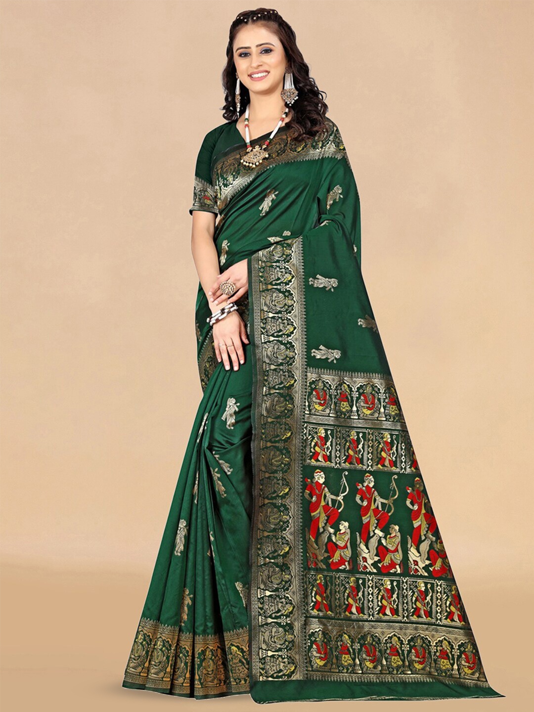 

KALINI Ethnic Motifs Woven Design Zari Banarasi Saree, Green