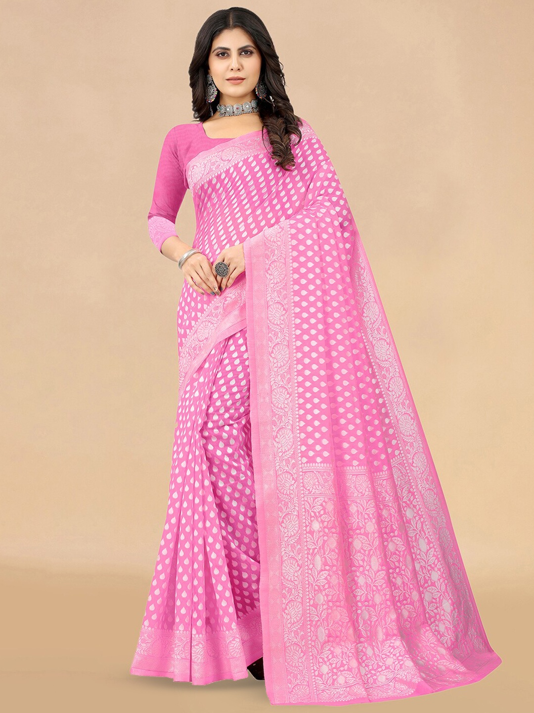 

KALINI Ethnic Motifs Woven Design Zari Banarasi Saree, Pink