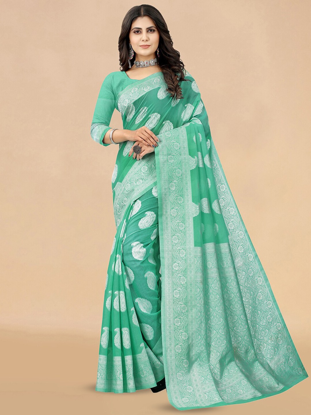 

KALINI Ethnic Motifs Woven Design Zari Banarasi Saree, Green