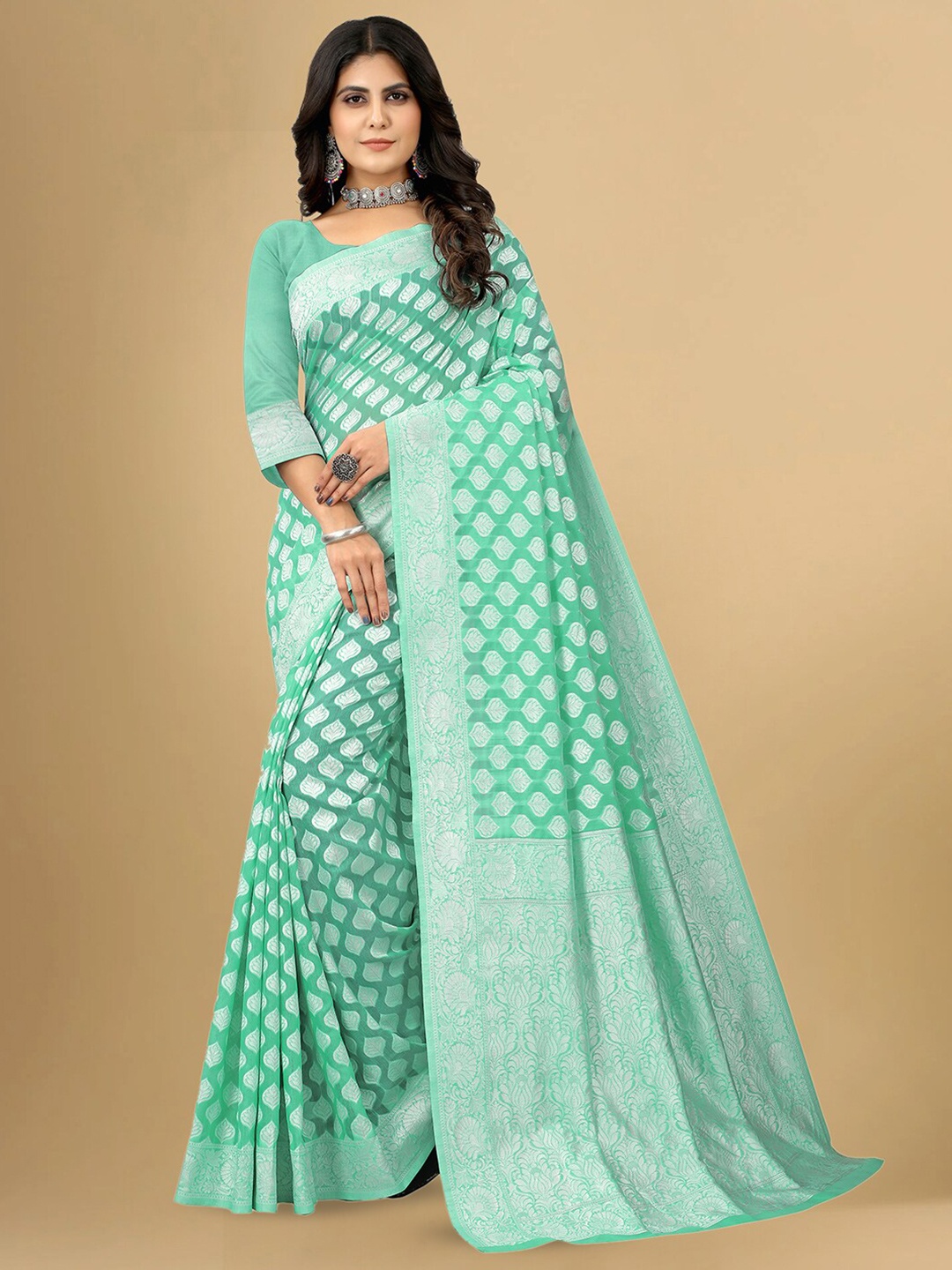 

KALINI Ethnic Motifs Woven Design Zari Banarasi Saree, Green