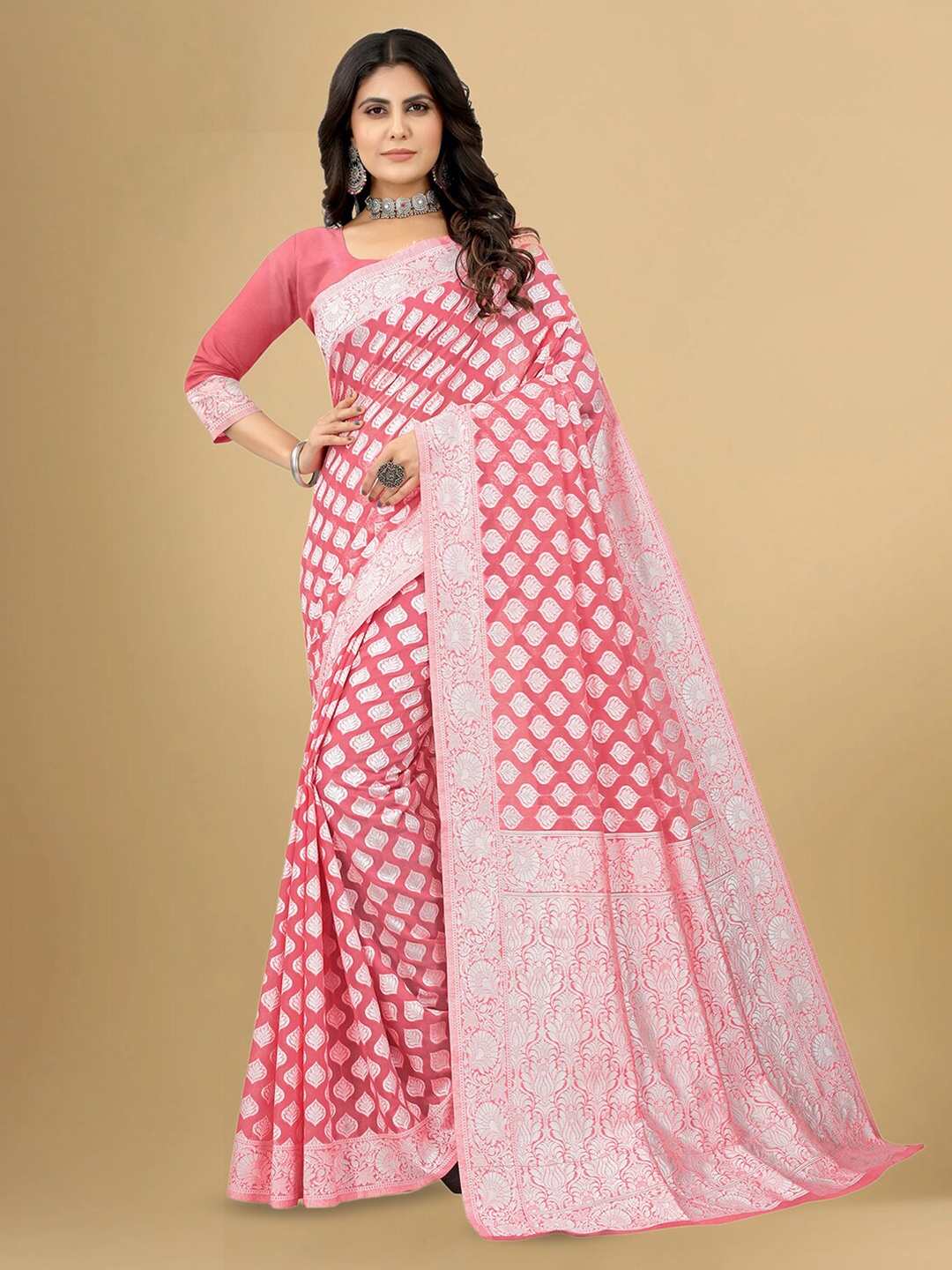 

KALINI Ethnic Motifs Woven Design Zari Banarasi Saree, Pink
