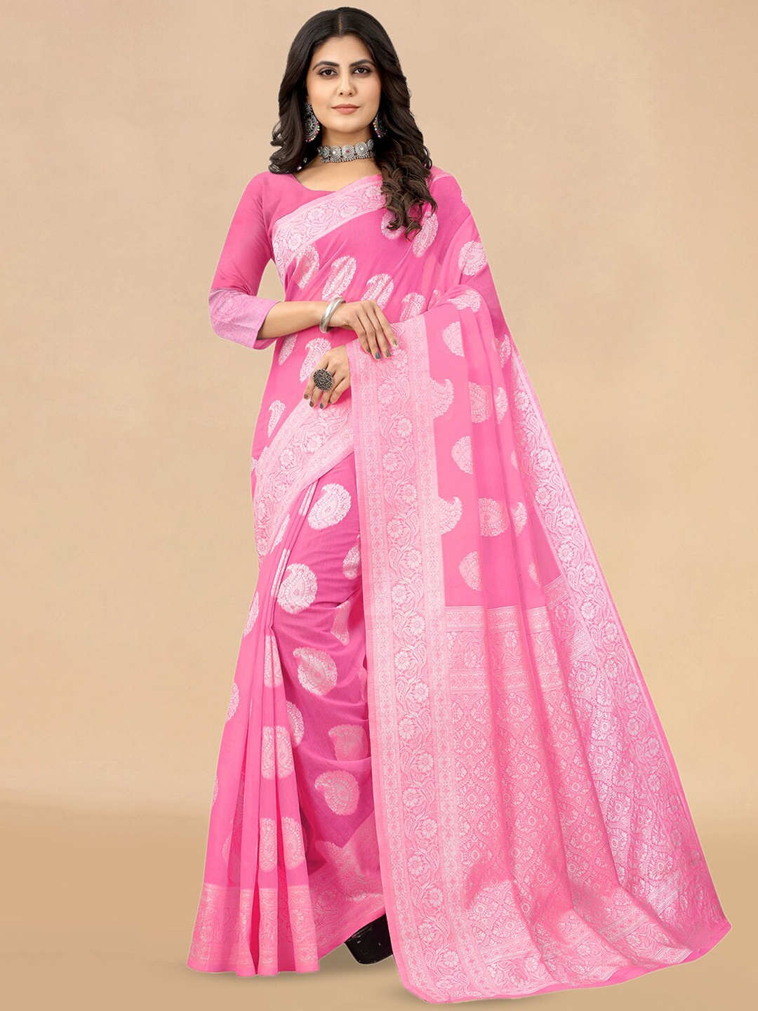 

KALINI Ethnic Motifs Woven Design Zari Banarasi Saree, Pink