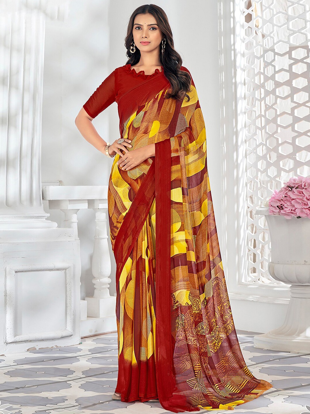 

KALINI Abstract Printed Pure Chiffon Ikat Saree, Red