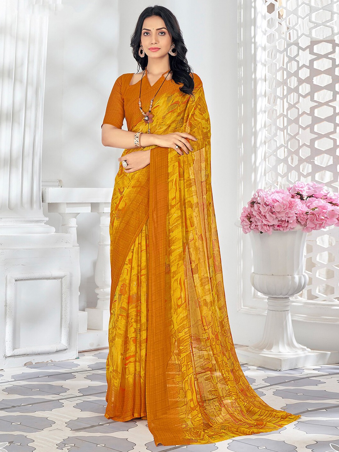 

KALINI Abstract Printed Pure Chiffon Saree, Yellow