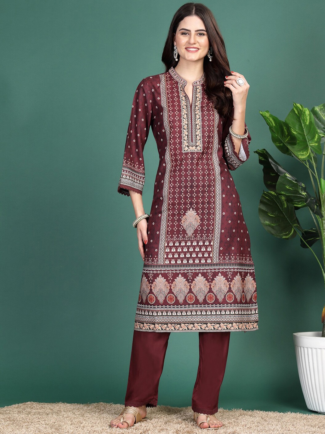 

Nayam By Lakshita Ethnic Motifs Printed Regular A-line Kurta & Palazzos, Maroon