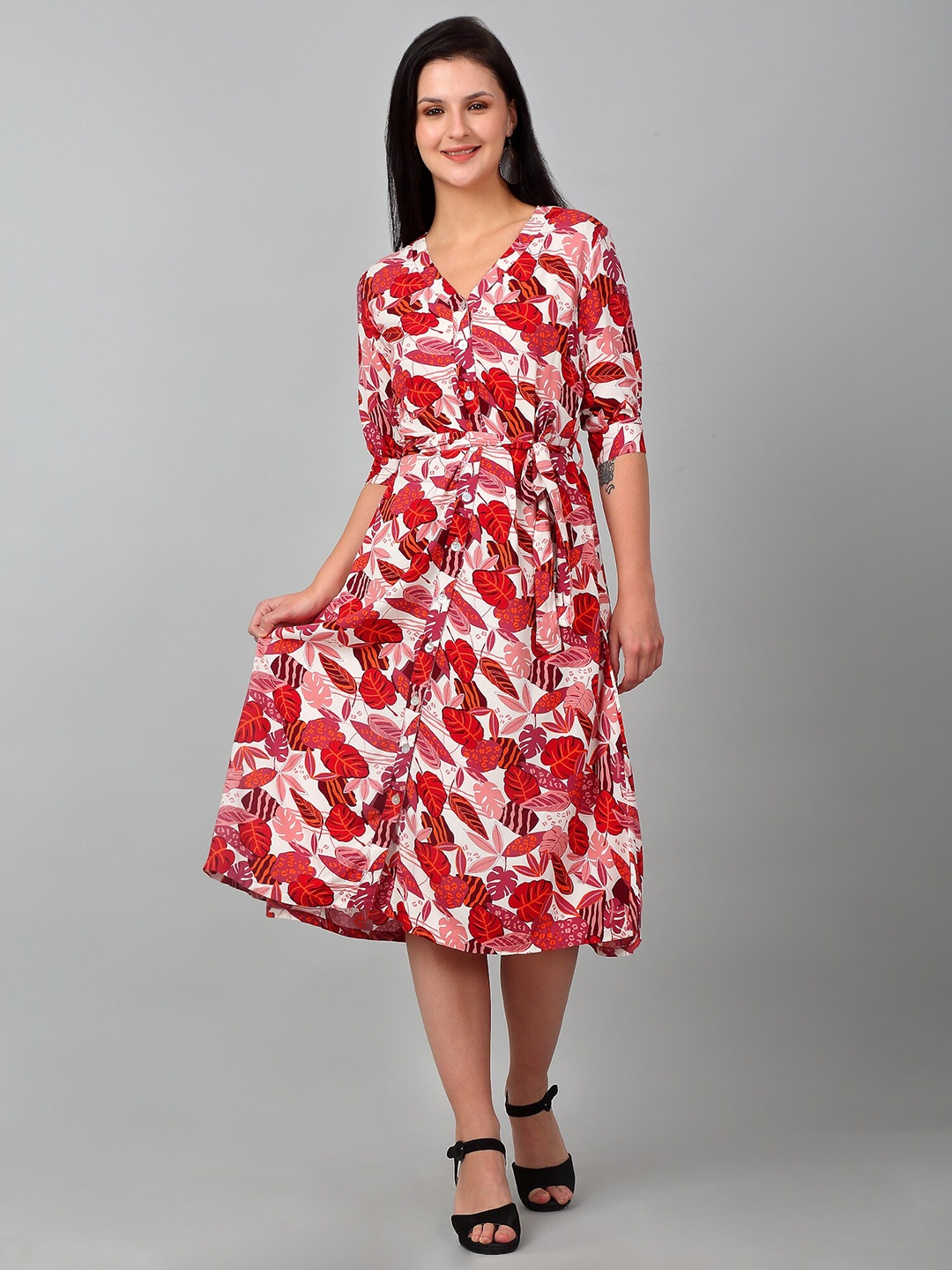 

Cantabil Floral Printed Midi Dress, Red