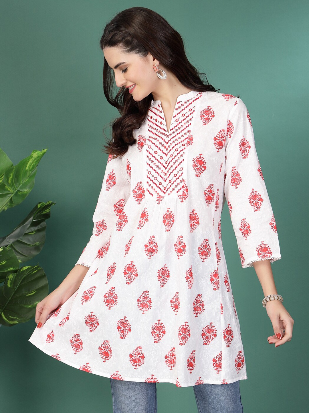 

Nayam By Lakshita Mandarin Collar Printed Cotton Tunic, Red