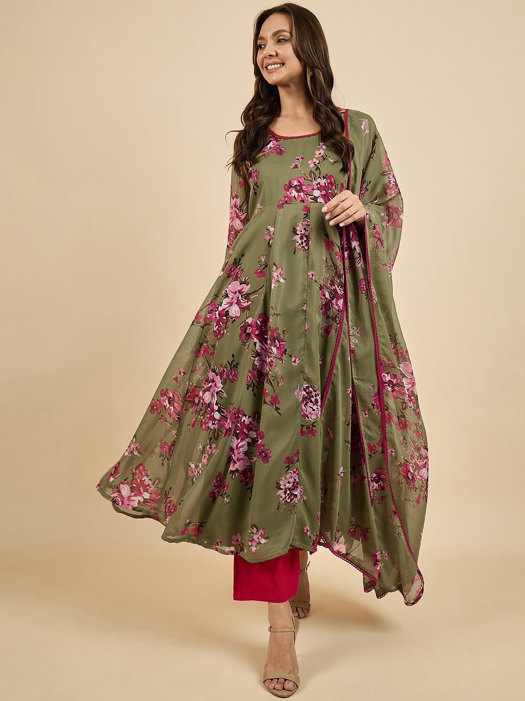 

Azira Floral Printed Sequinned Georgette Anarkali Kurta With Dupatta, Green