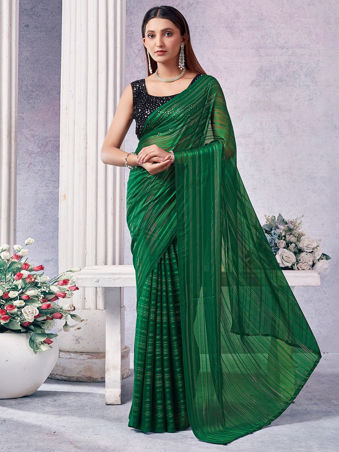 

Mitera Striped Woven Design Zari Pure Georgette Saree, Teal