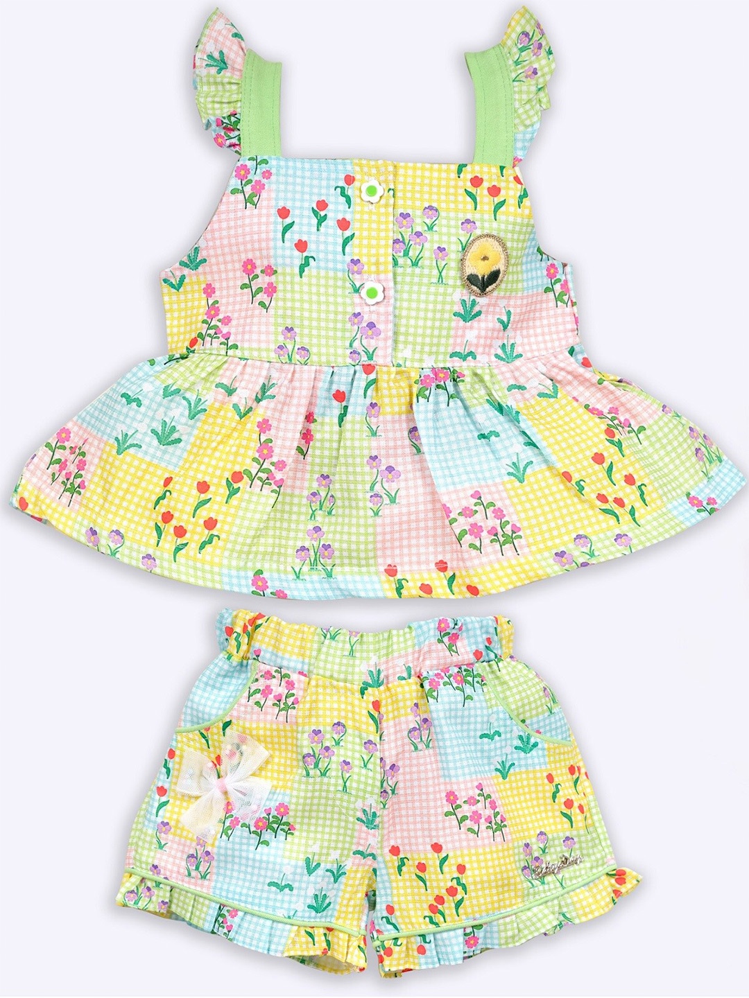 

Babys Day Girls Shoulder Straps Printed Top with Shorts, Green