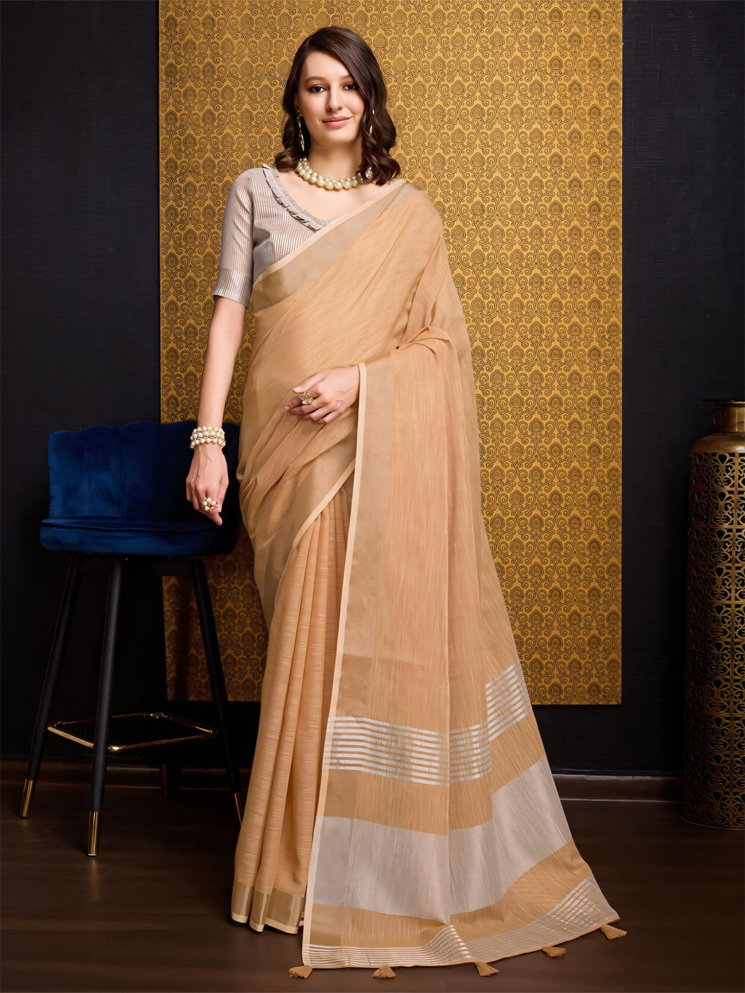 

Anouk Peach Ethnic Zari Saree