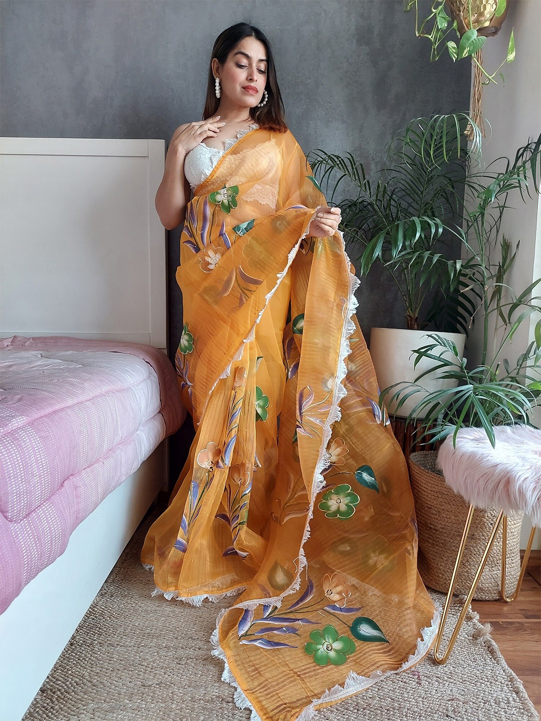 

Anouk Mustard Floral Printed Embroidered Organza Saree
