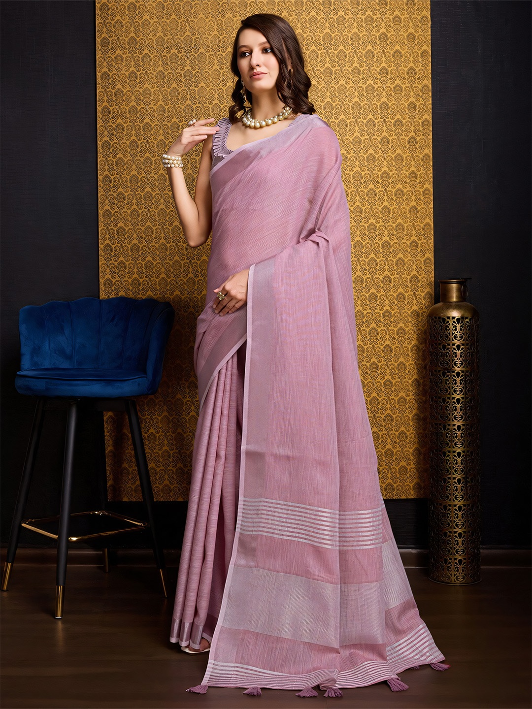 

Anouk Pink and silver-toned Woven Design Zari Saree