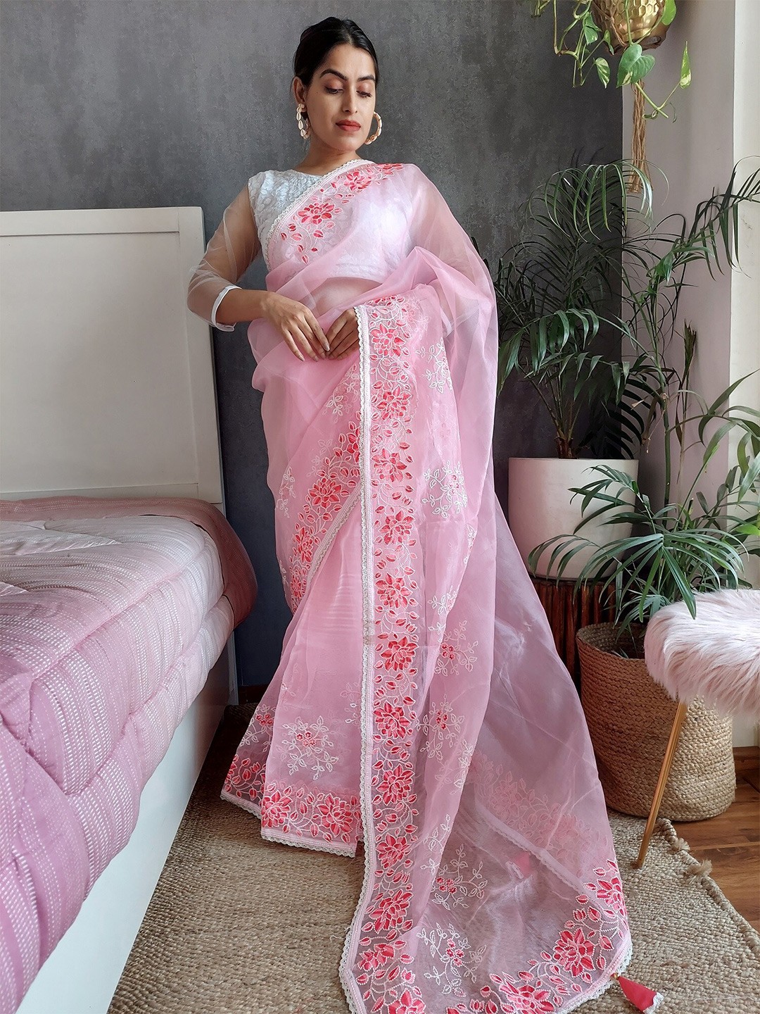

Anouk Pink Floral Printed Embroidered Organza Saree