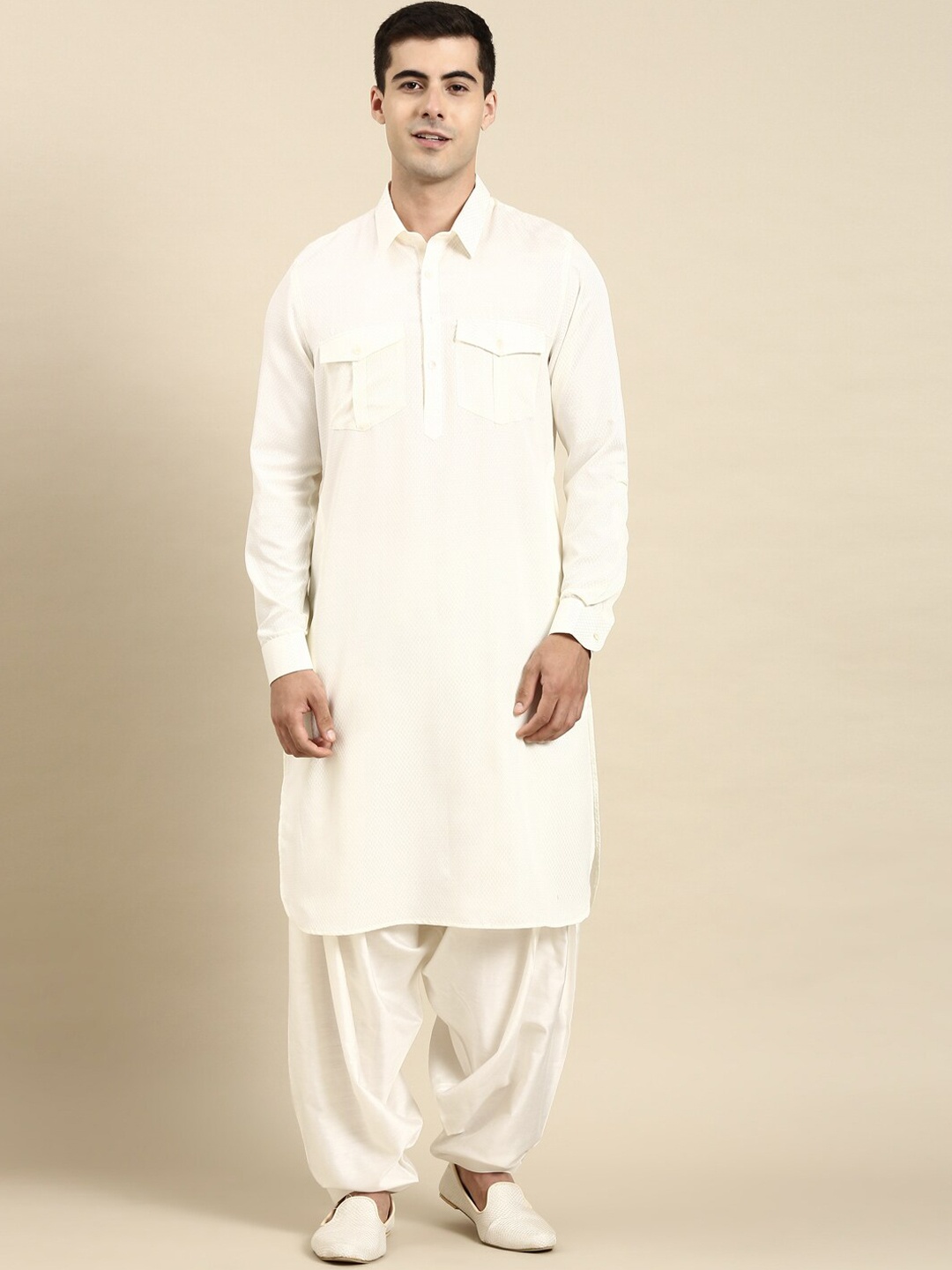 

TheEthnic.Co Regular Long Sleeves Shirt Collar Pure Cotton Kurta with Salwar, White