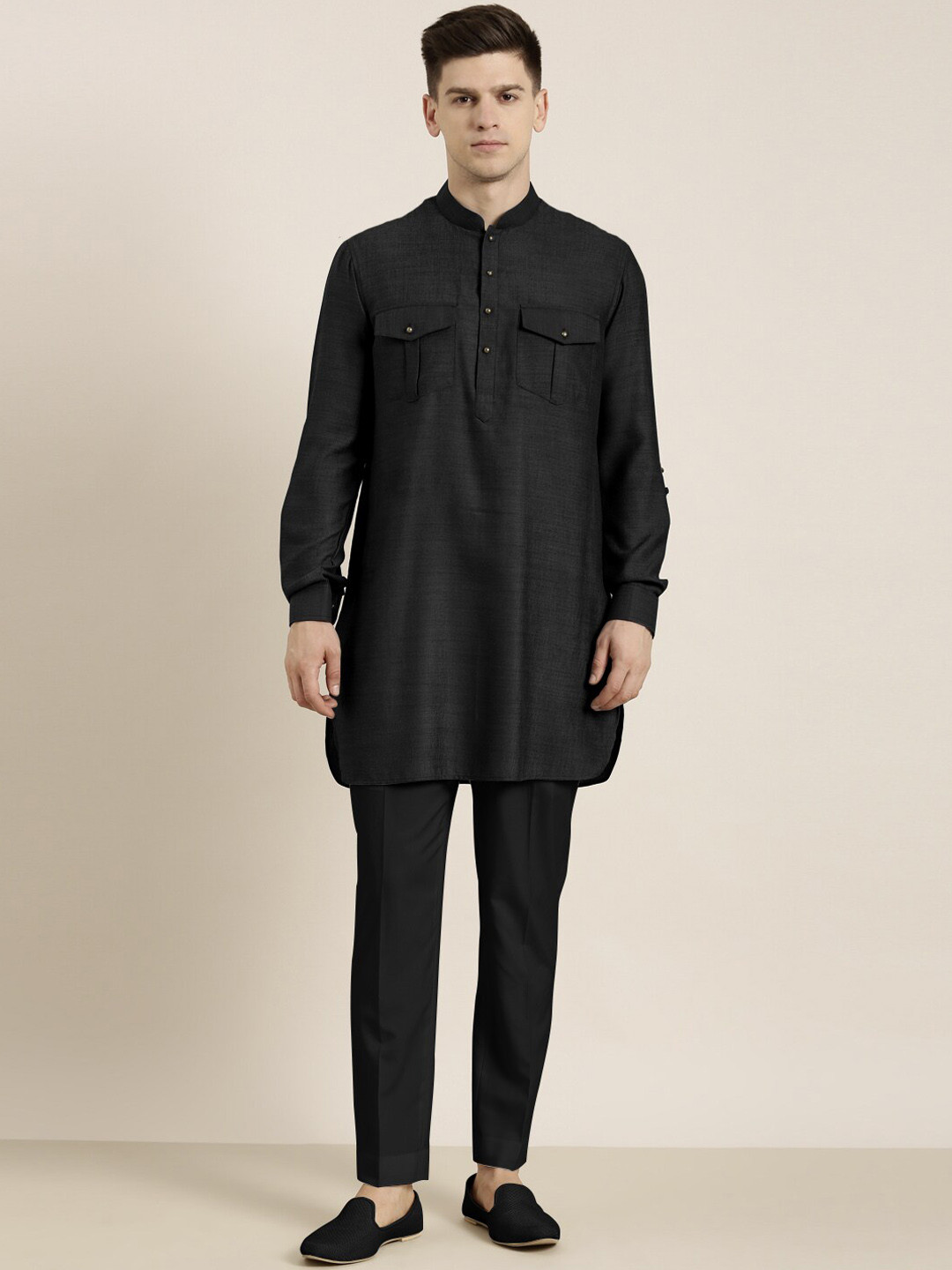 

TheEthnic.Co Regular Long Sleeves Mandarin Collar Pure Cotton Kurta with Trousers, Blue