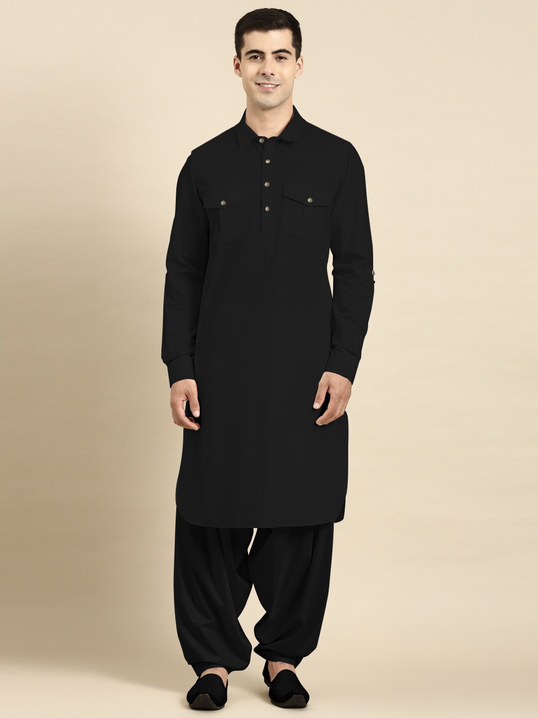 

TheEthnic.Co Regular Long Sleeves Shirt Collar Pure Cotton Kurta with Salwar, Black