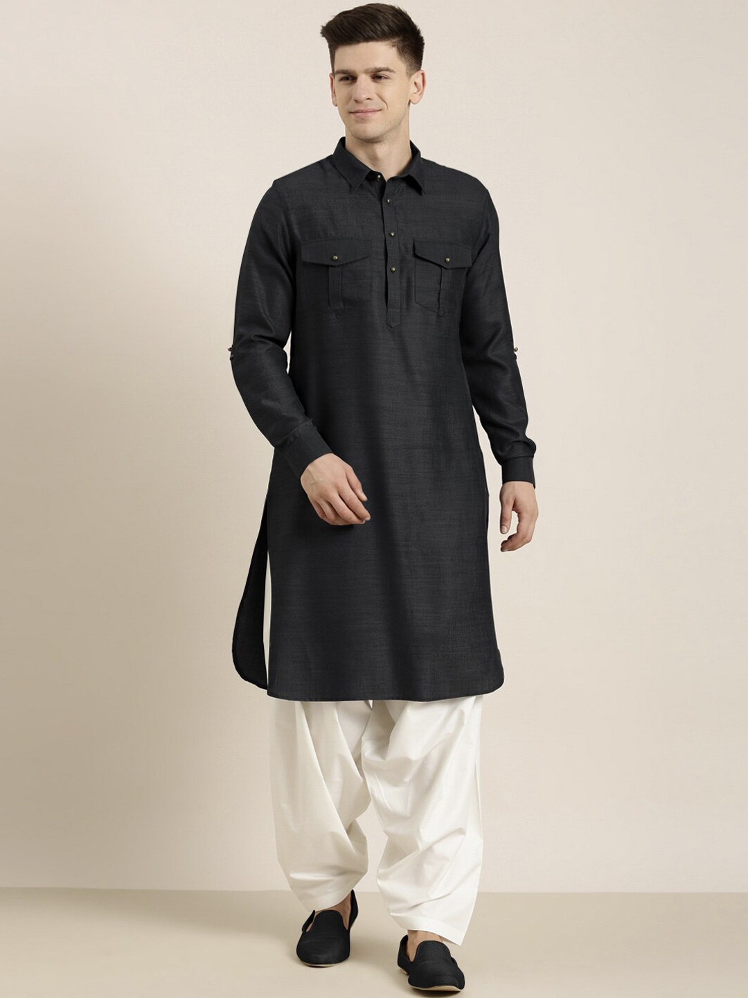 

TheEthnic.Co Regular Long Sleeves Shirt Collar Pure Cotton Kurta with Salwar, Black