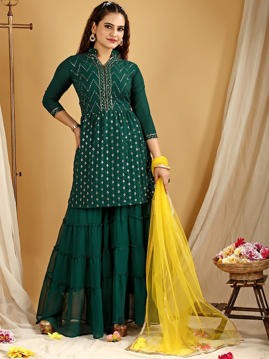 

KALINI Floral Embroidered Regular Kurti with Sharara & Dupatta, Green
