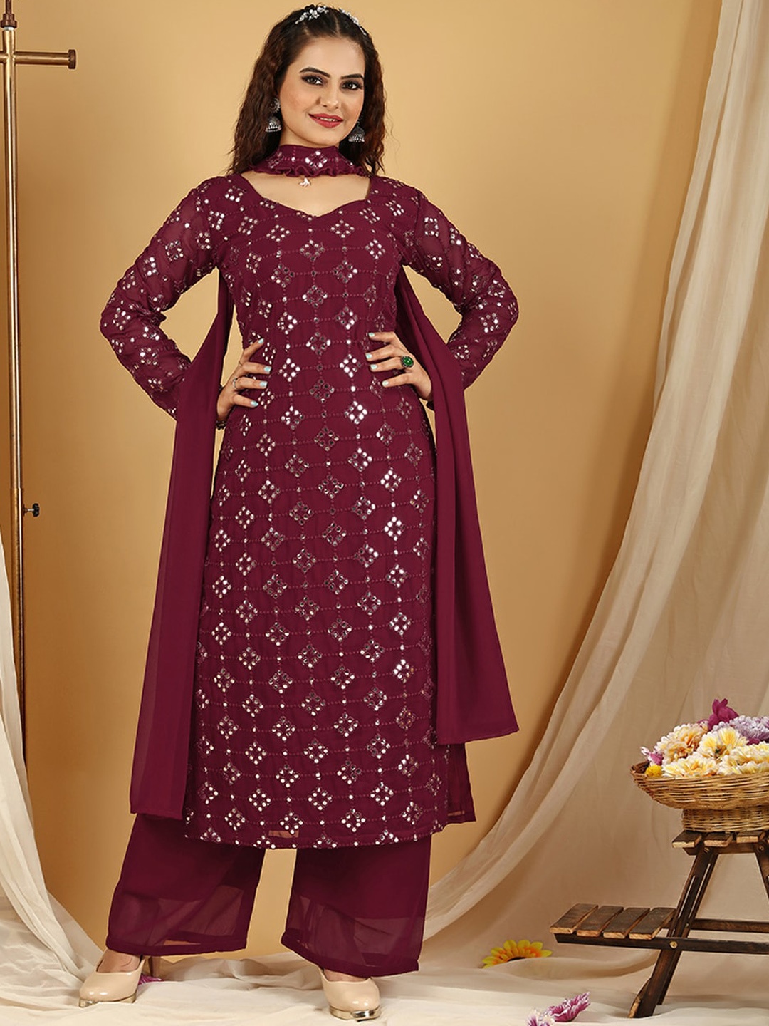 

KALINI Floral Embroidered Regular Kurta With Palazzos & Dupatta, Maroon