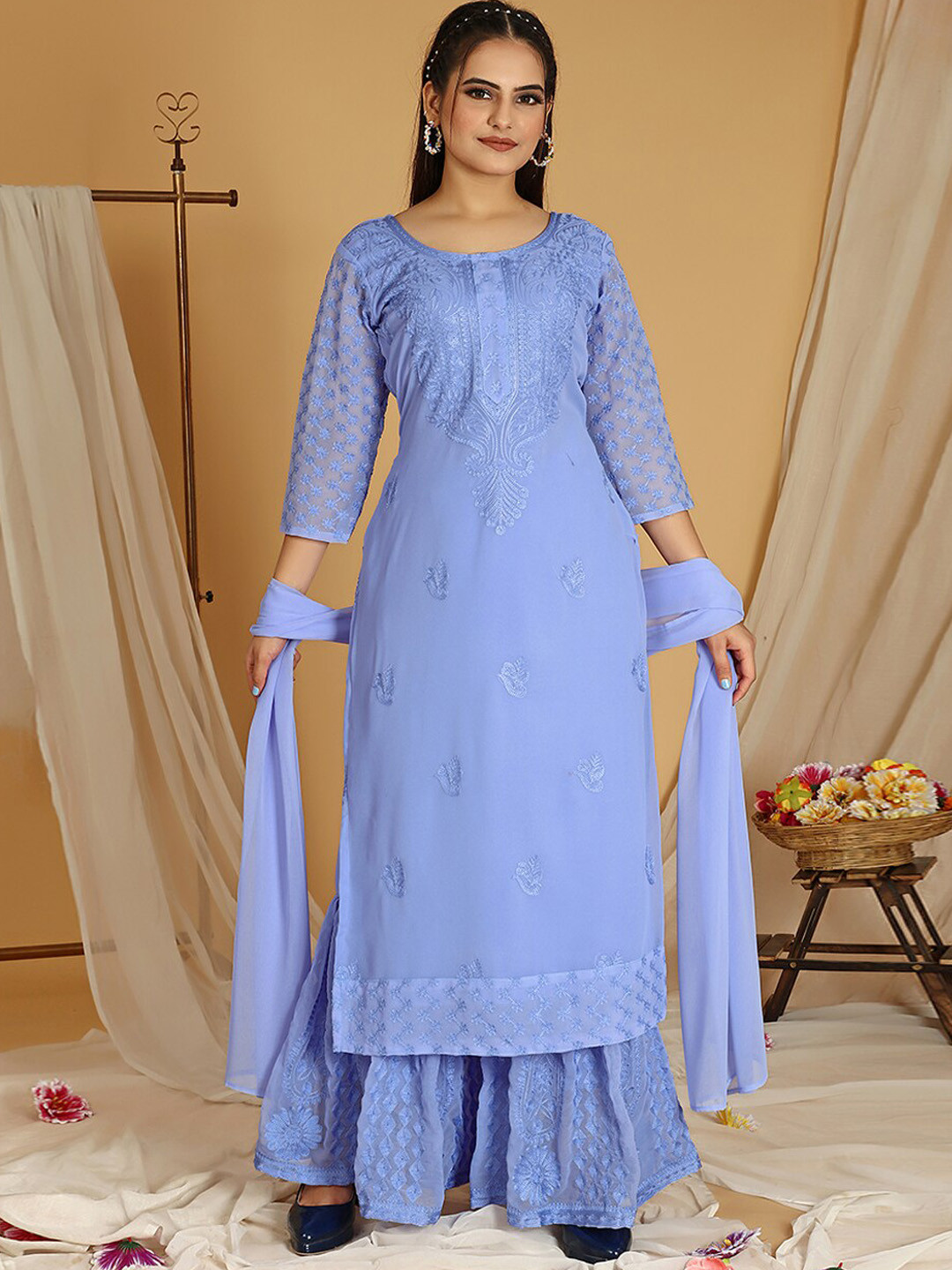 

KALINI Floral Embroidered Regular Kurta with Sharara & Dupatta, Lavender