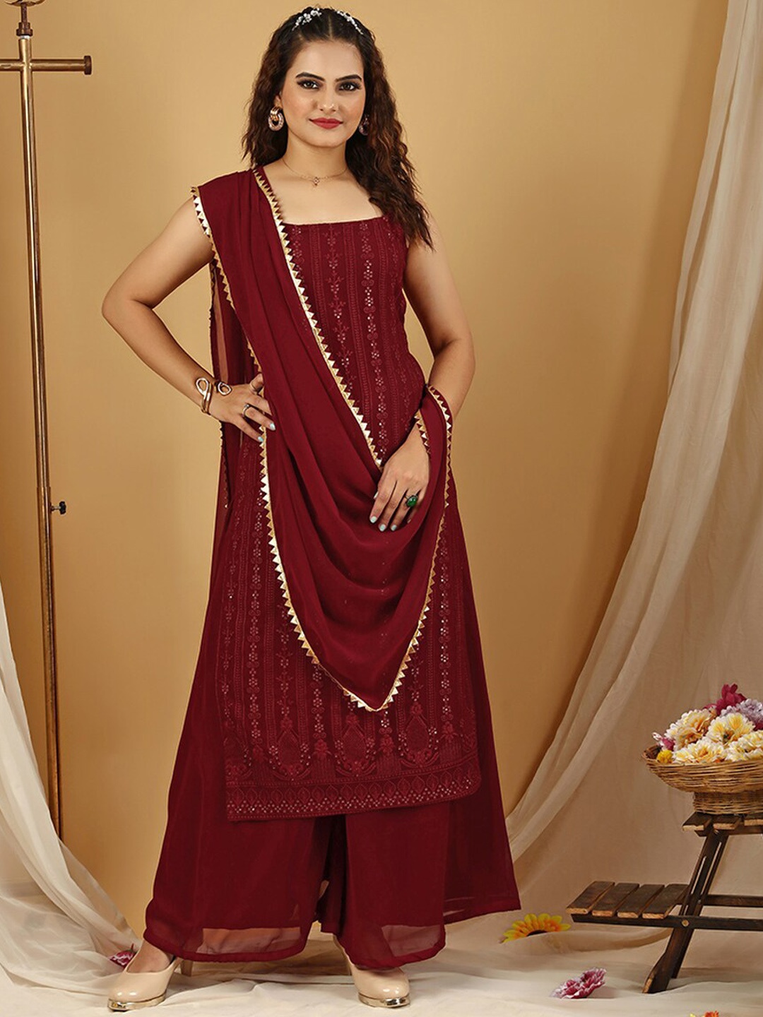 

KALINI Floral Embroidered Kurta with Palazzos & With Dupatta, Maroon