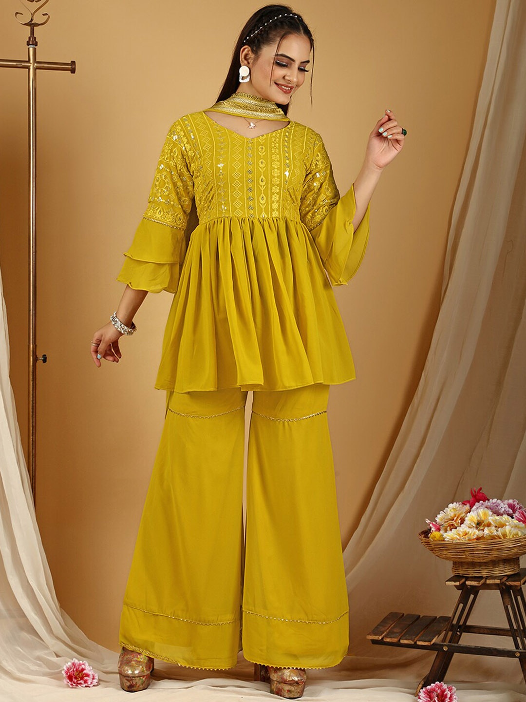 

KALINI Floral Embroidered Regular Kurti With Sharara & Dupatta, Yellow