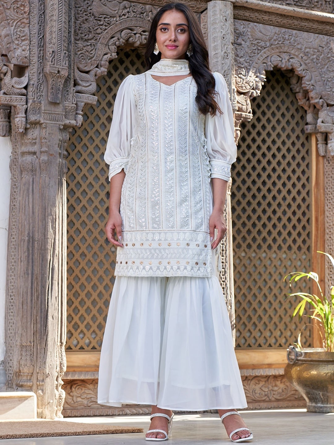 

KALINI Floral Embroidered Regular Kurti with Sharara & Dupatta, White