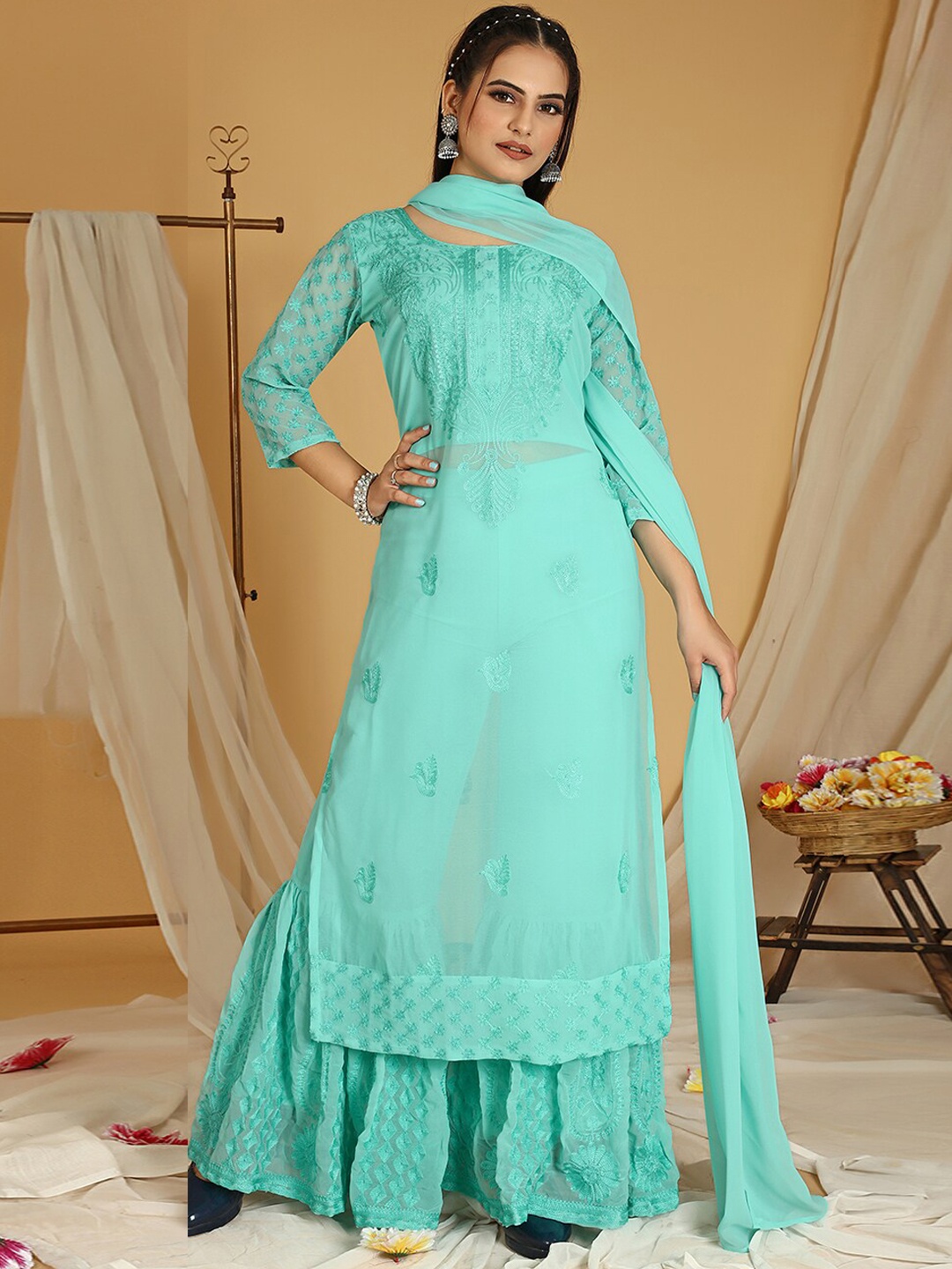 

KALINI Floral Embroidered Kurta with Sharara & With Dupatta, Turquoise blue