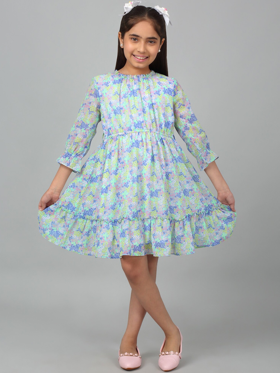 

Cantabil Girls Floral Printed Round Neck Georgette Fit & Flare Dress, Blue