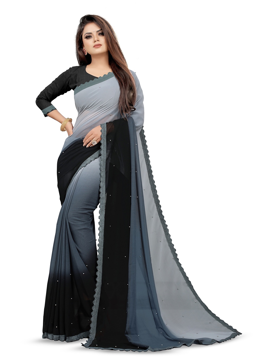 

CARTYSHOP Ombre Beads and Stones Pure Georgette Saree, Grey