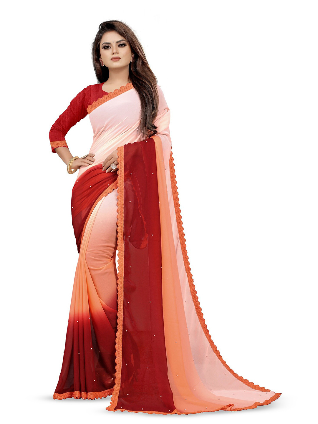 

CARTYSHOP Ombre Beads and Stones Pure Georgette Saree, Orange