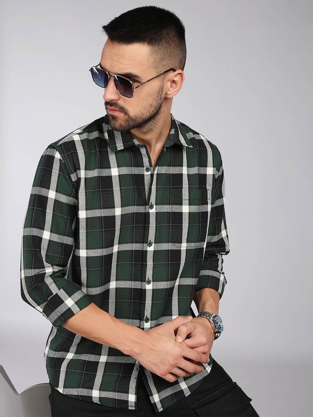 

HERE&NOW Slim Fit Tartan Checks Opaque Checked Cotton Casual Shirt, Green