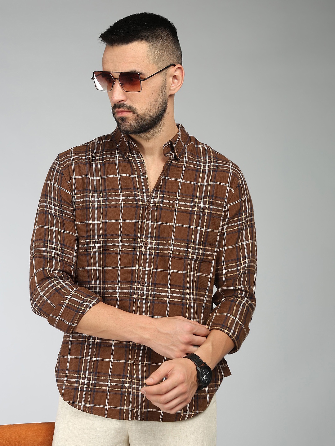 

HERE&NOW Tartan Checks Button-Down Collar Long Sleeves Slim Fit Cotton Casual Shirt, Brown