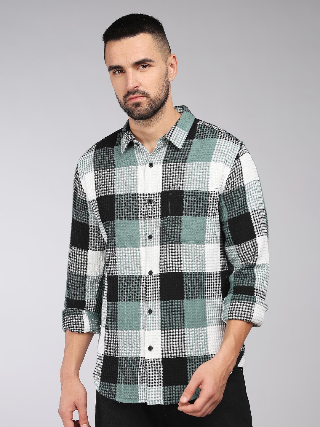 

HERE&NOW Slim Fit Textured Tartan Checked Spread Collar Long Sleeves Cotton Casual Shirt, Green