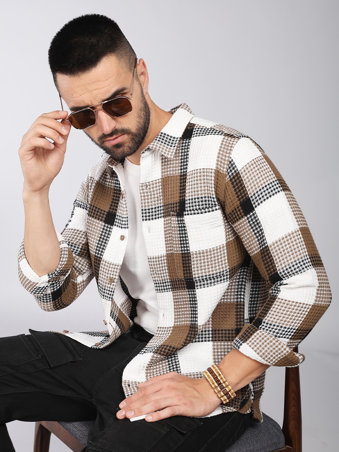 

HERE&NOW Tartan Checks Spread Collar Long Sleeves Slim Fit Cotton Casual Shirt, Brown