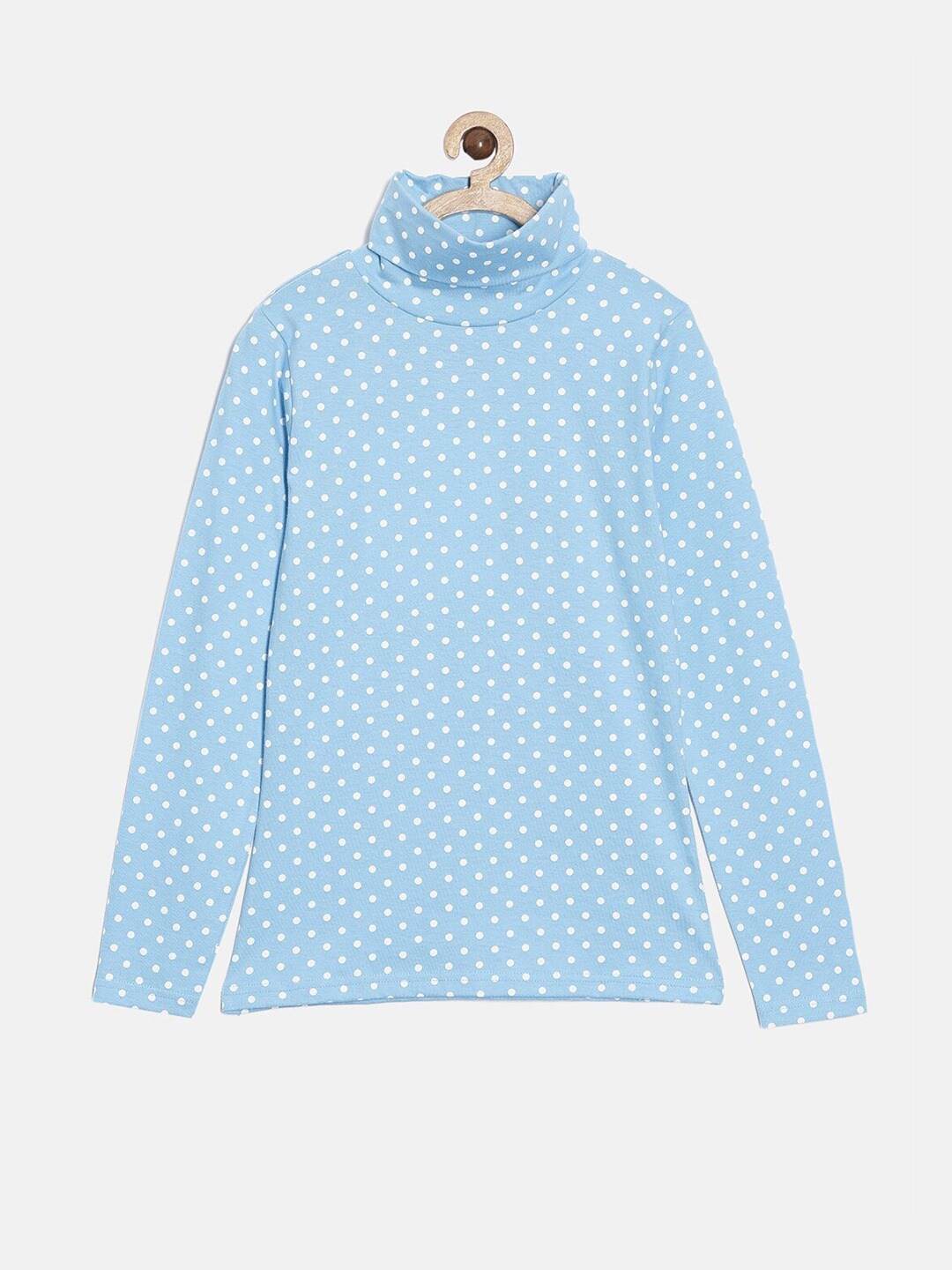

SEIYON Girls Polka Dot Printed High Neck Long Sleeves Regular Fit Pure Cotton T-shirt, Blue