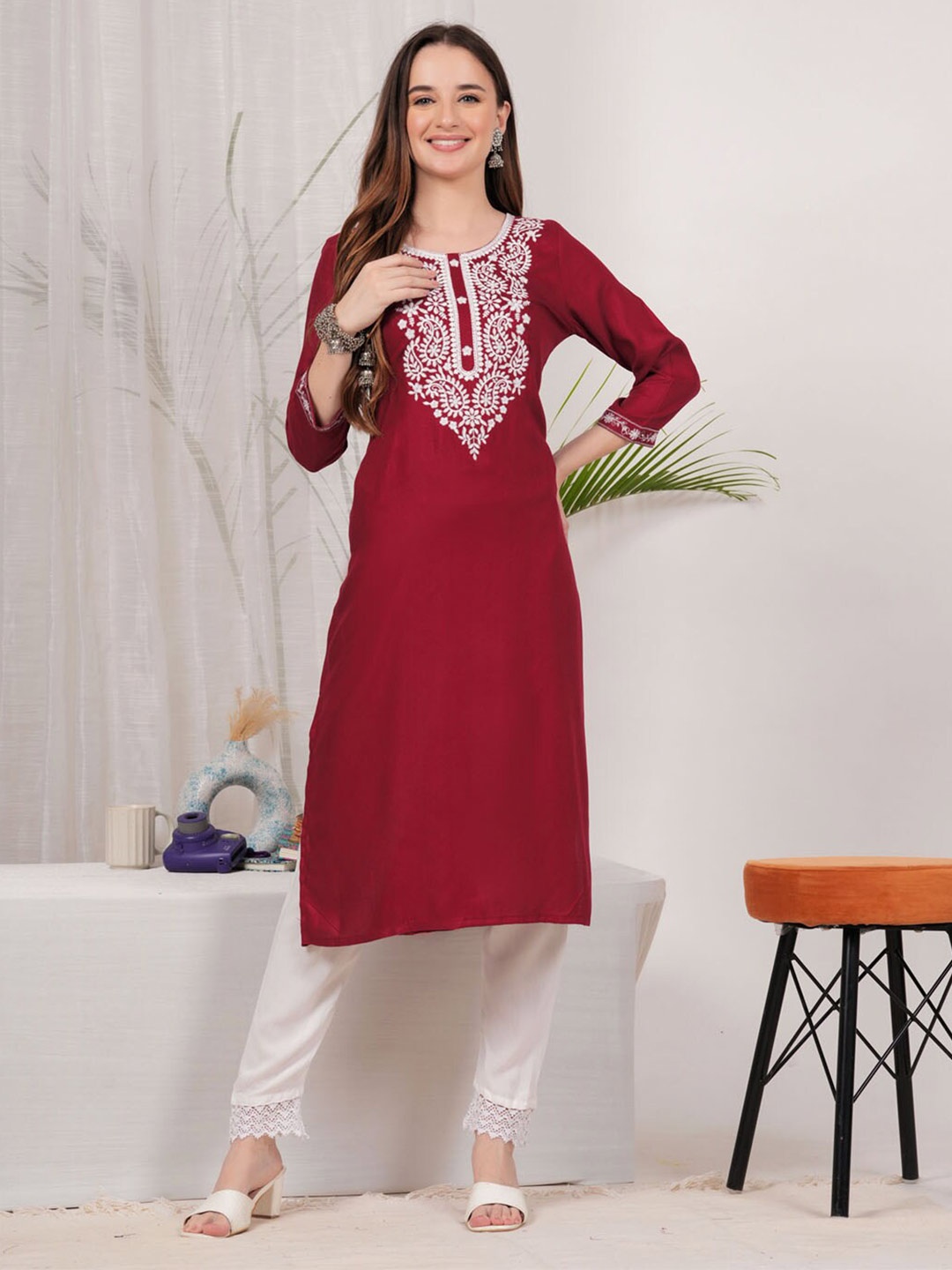 

GREYSHADE Ethnic Motifs Yoke Design Thread Work Straight Kurta, Maroon