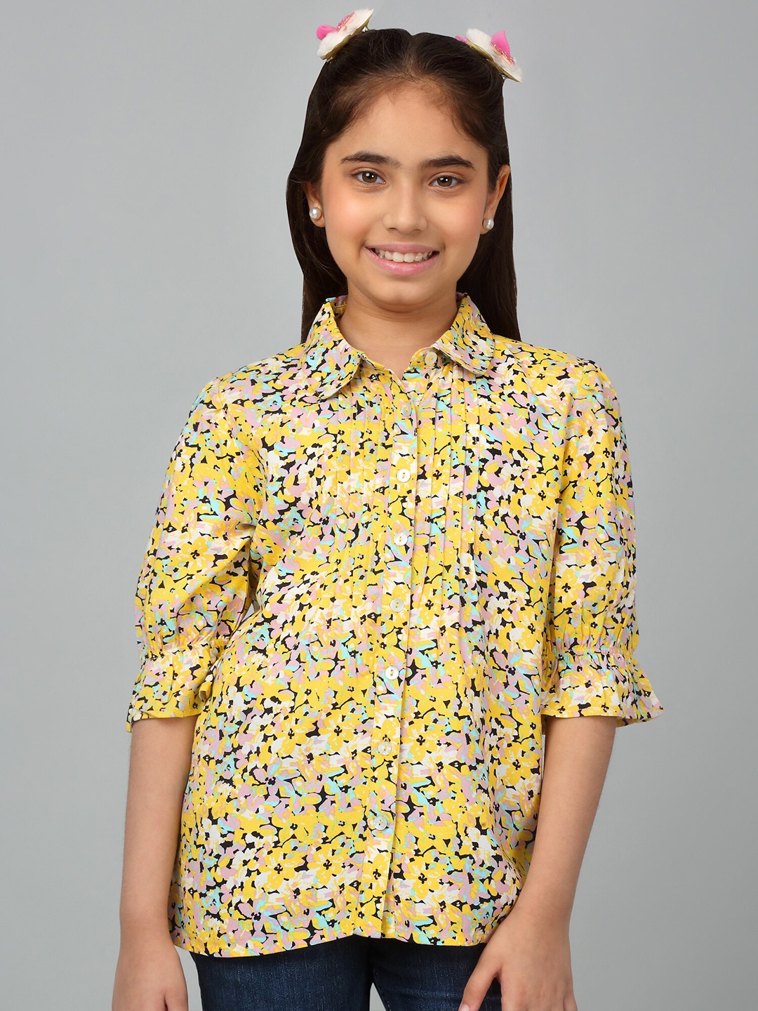 

Cantabil Girls Floral Print Shirt Collar Cuffed Sleeves Shirt Style Top, Yellow