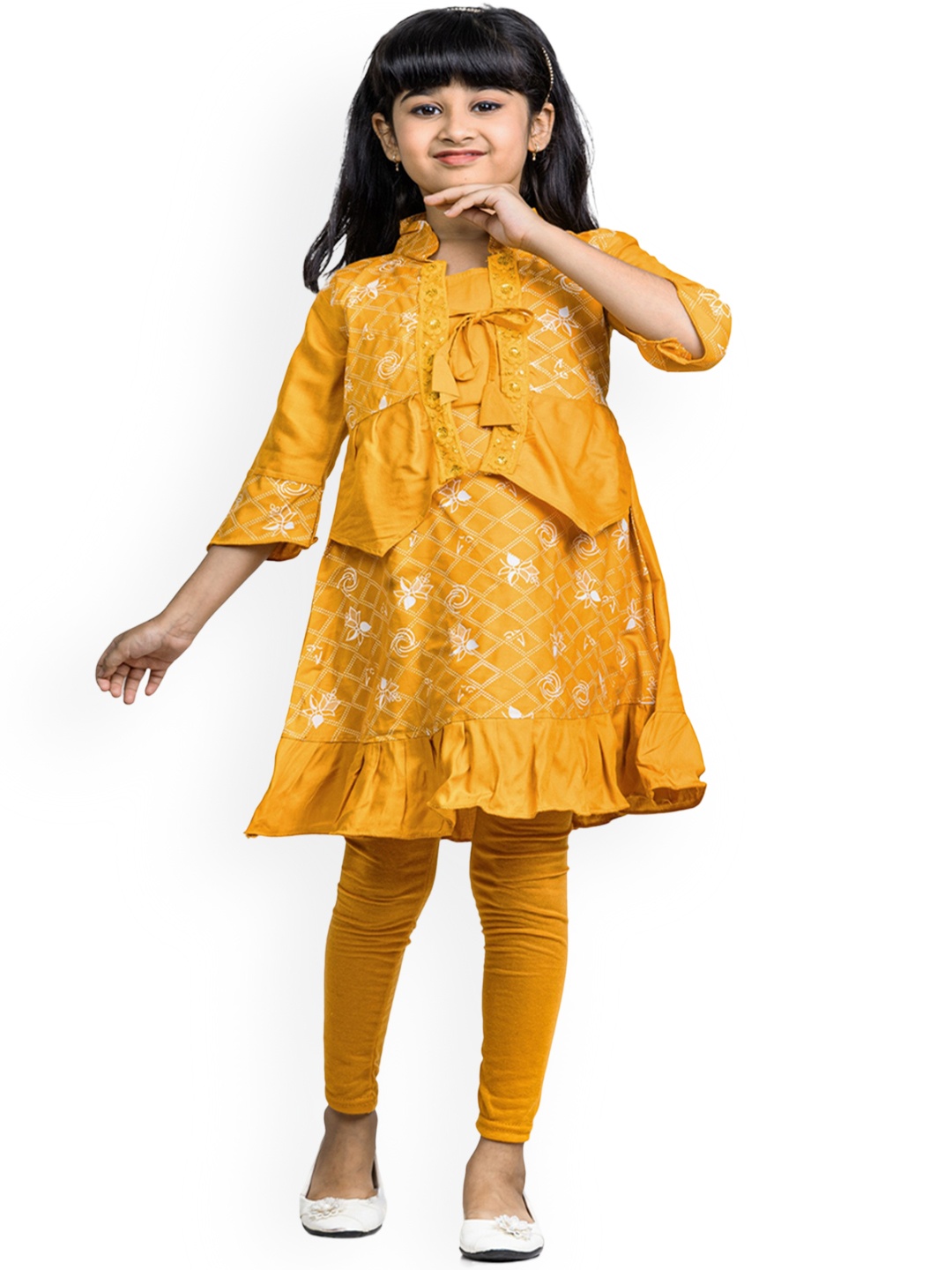

BAESD Girls Mandarin Collar Floral Printed Regular Kurti, Yellow
