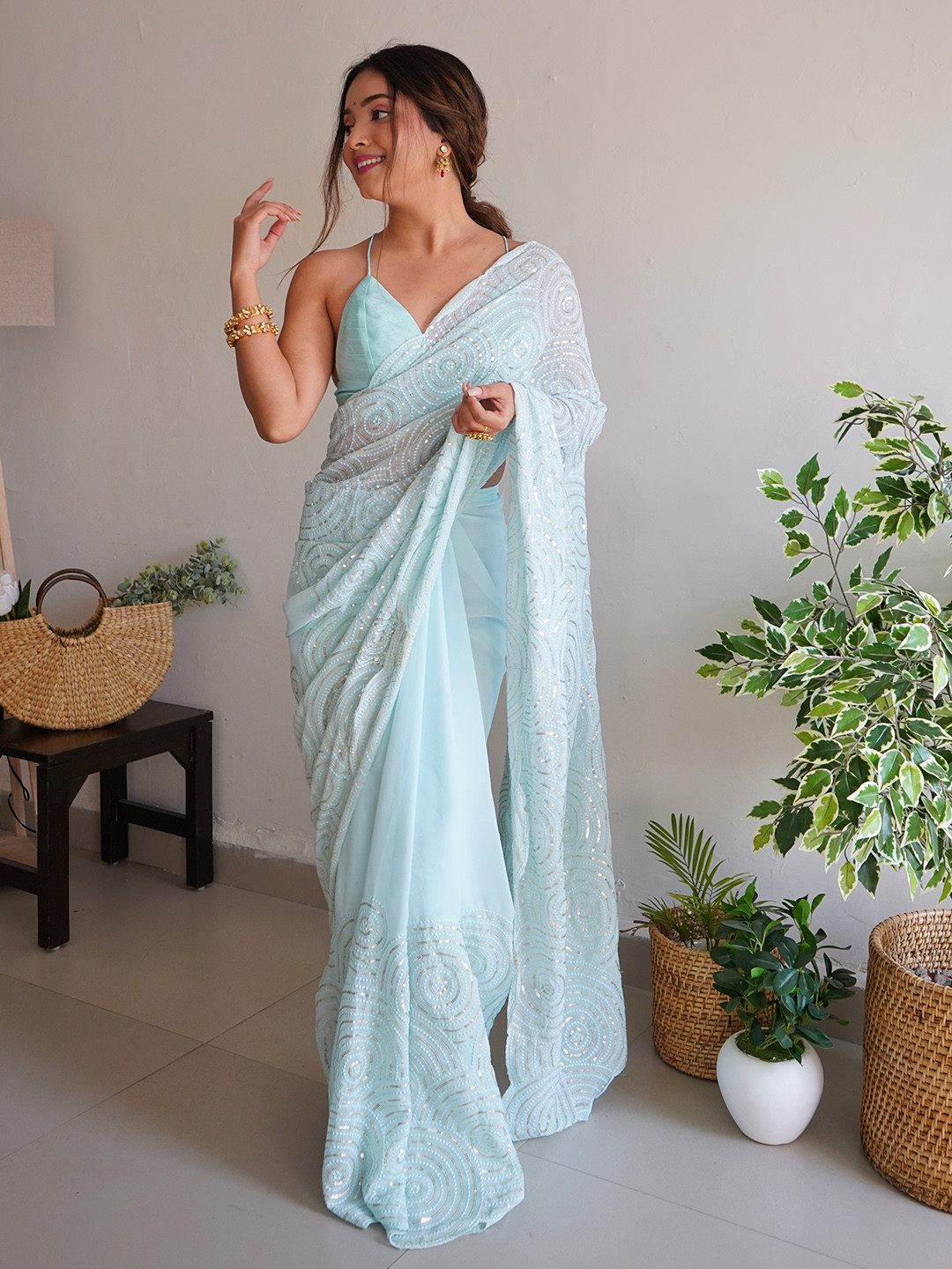 

SAREESBYCHIRAG Ethnic Motifs Sequinned Pure Georgette Saree, Blue