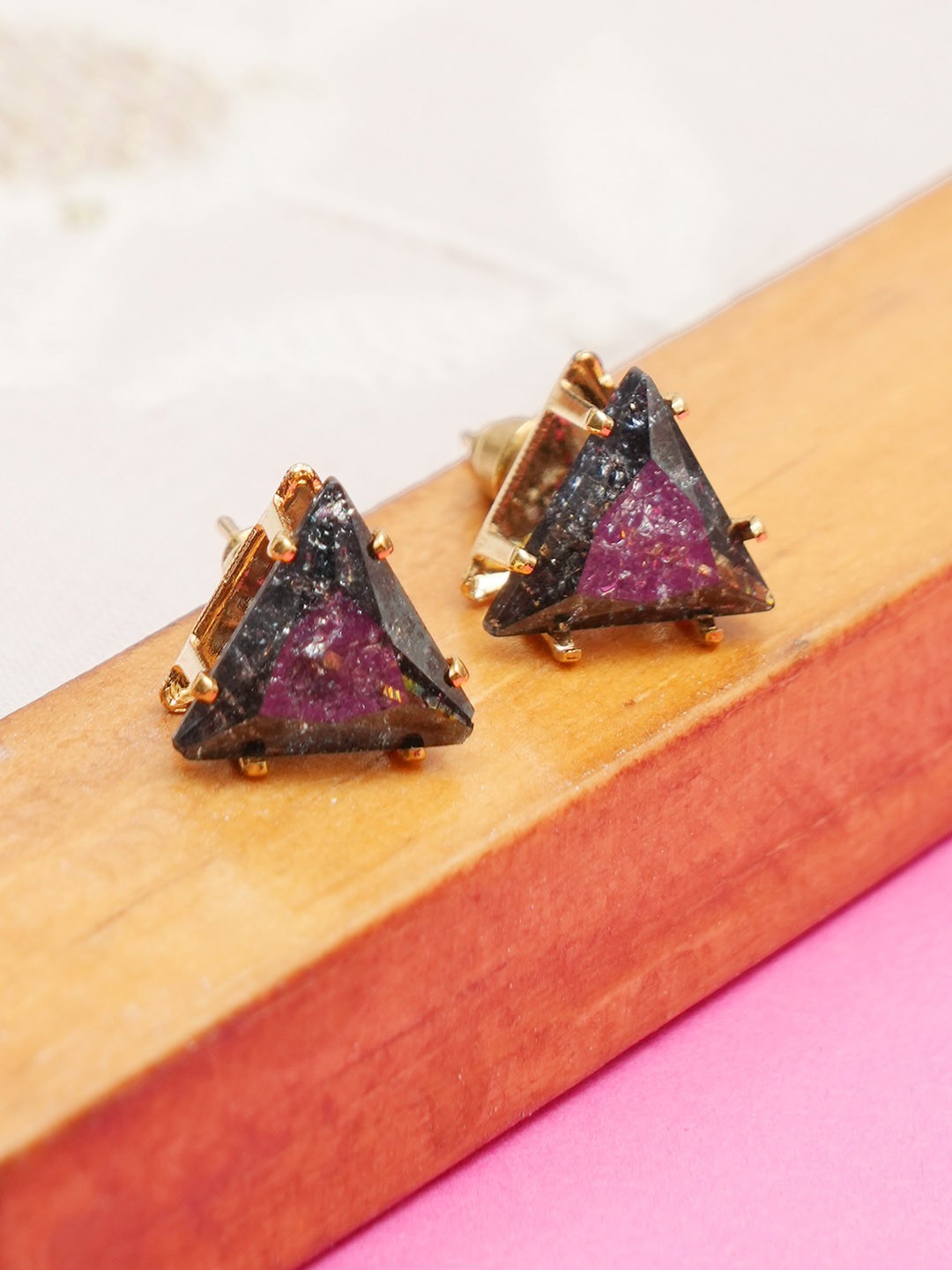 

Designbox Alloy Stone Studded Triangular Studs Earrings, Gold