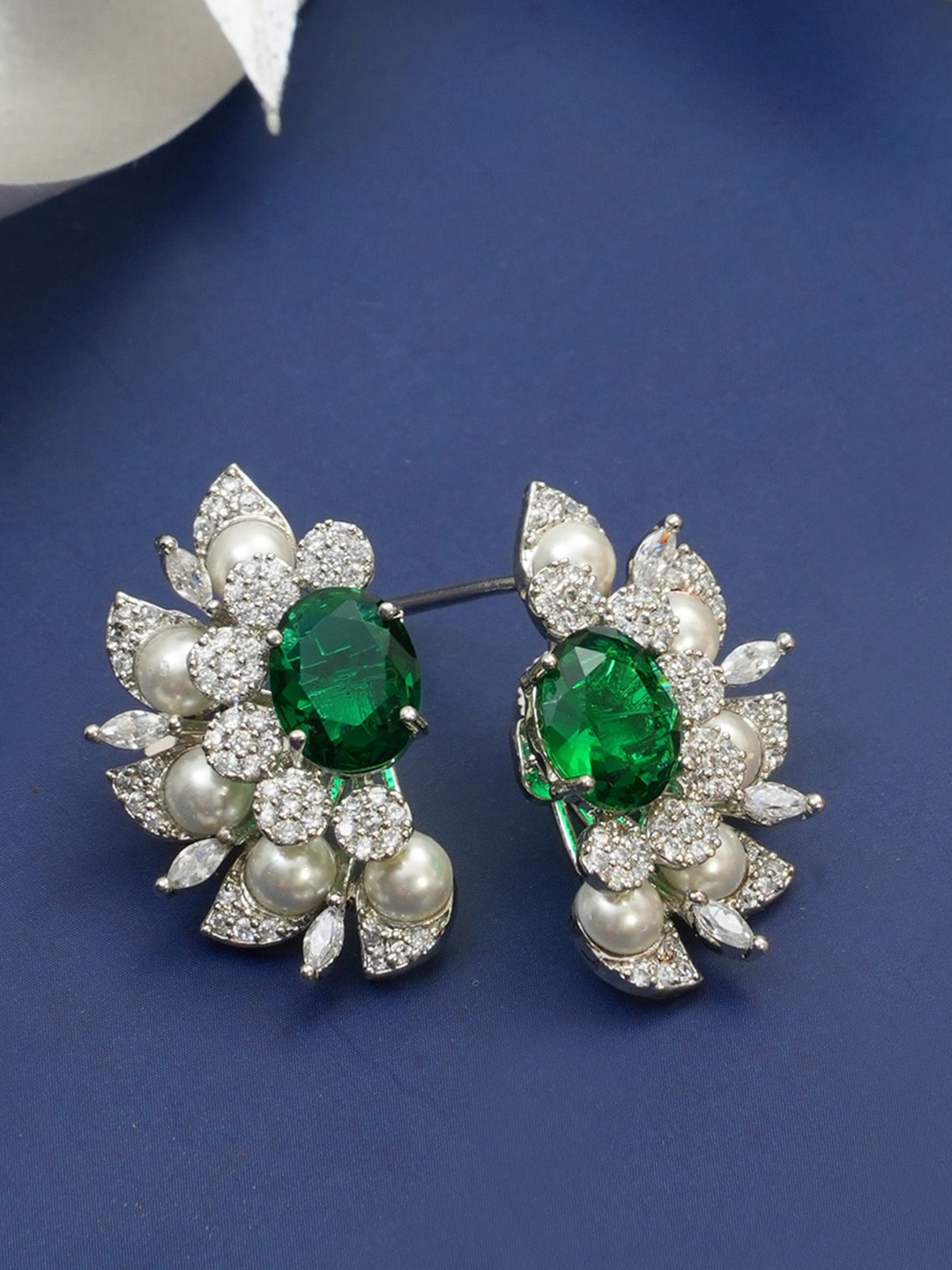 

Designbox Alloy Stone Studded Floral Studs Earrings, Silver
