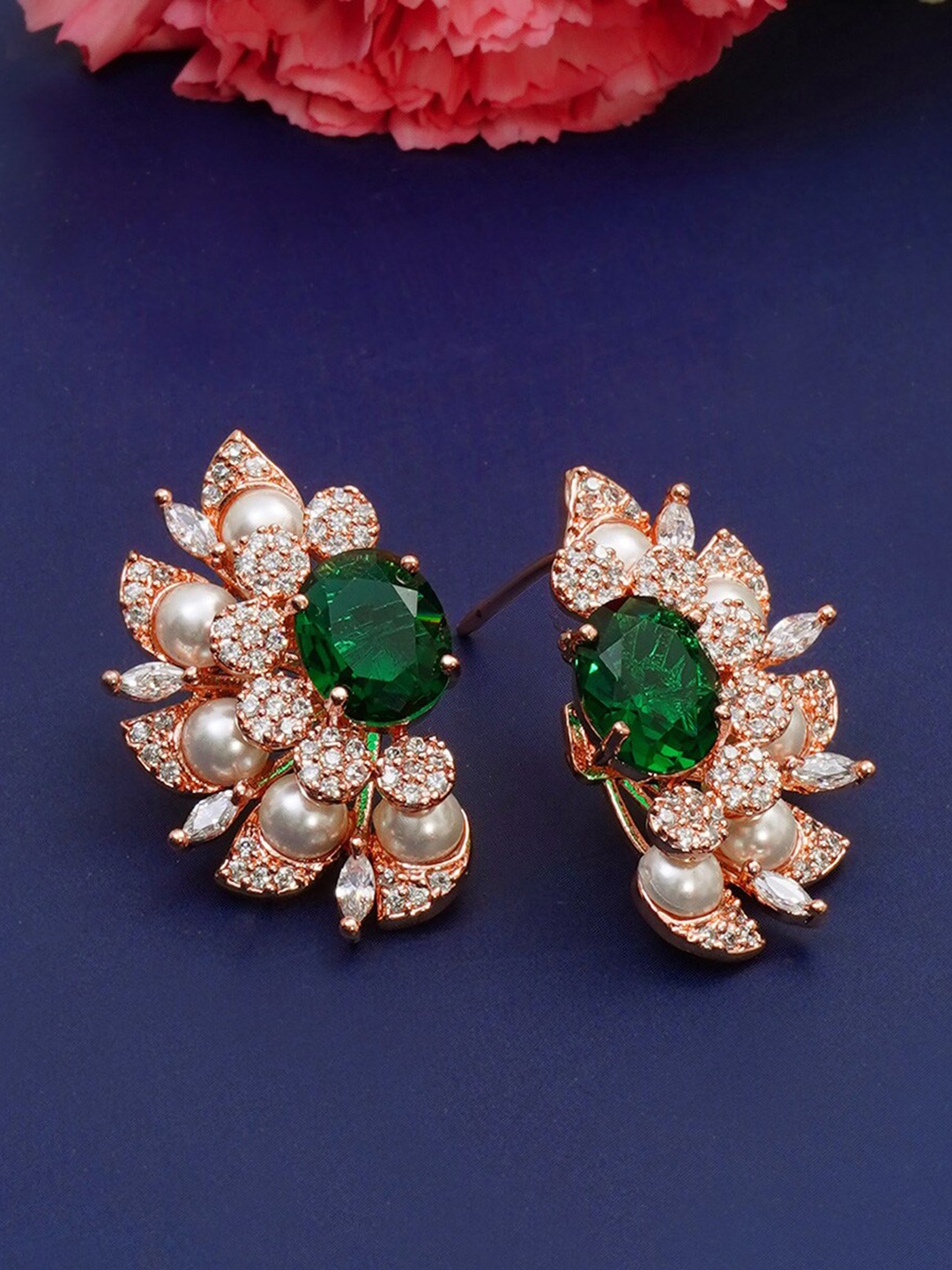 

Designbox Alloy Stone Studded Floral Studs Earrings, Gold