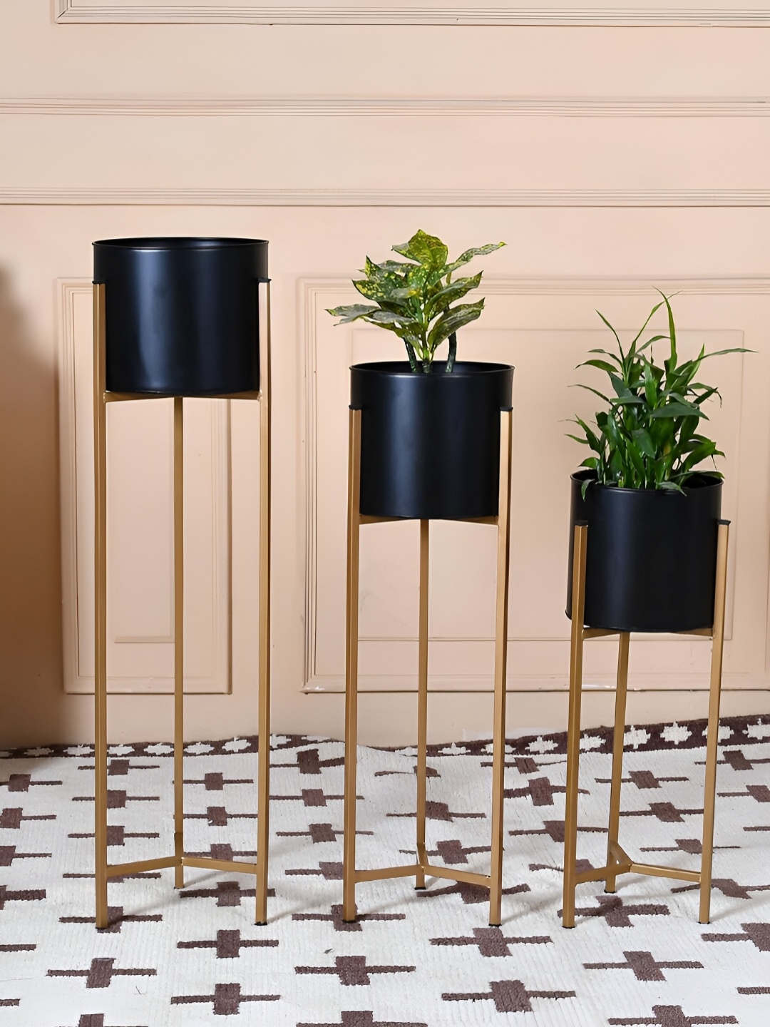 

Kuber Industries Black 3 Pcs Metal Planter with Stand