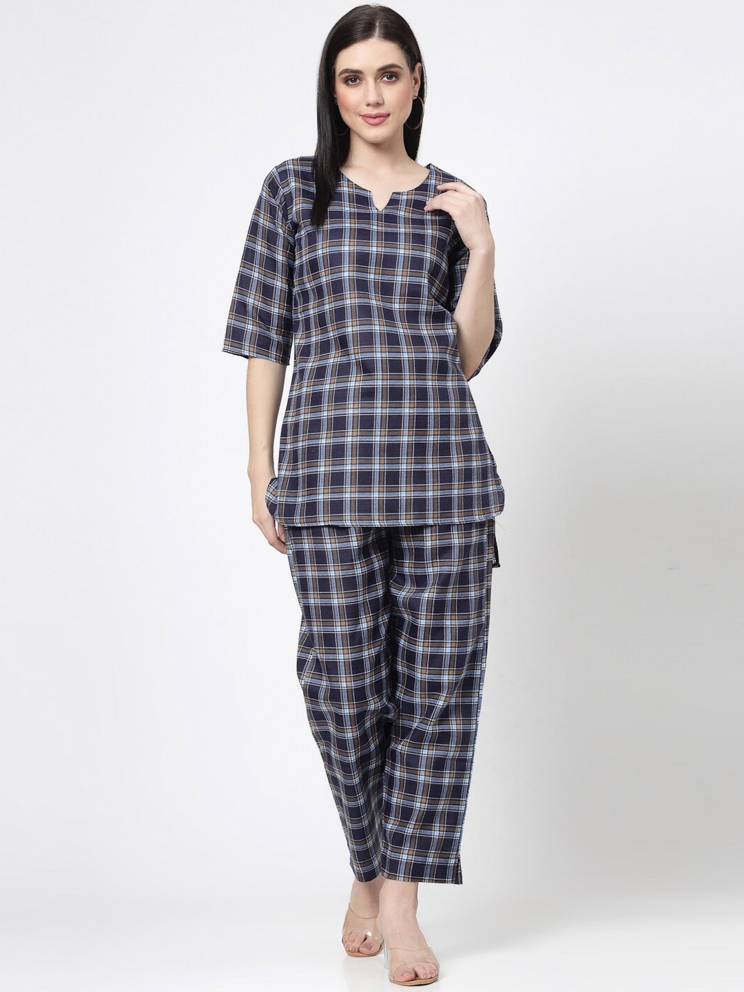 ISHQY Checked Printed Round Neck Three-Quarter Sleeves Co-Ords Set, Black