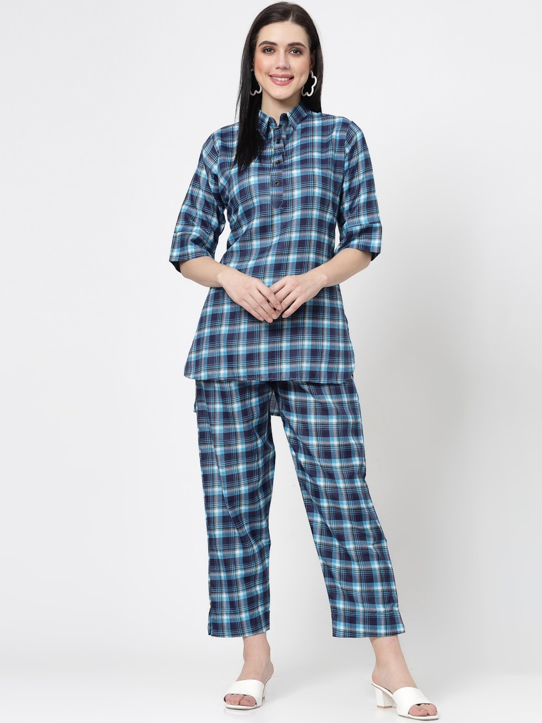 

ISHQY Checked Print Shirt Collar Co-ords Set, Blue