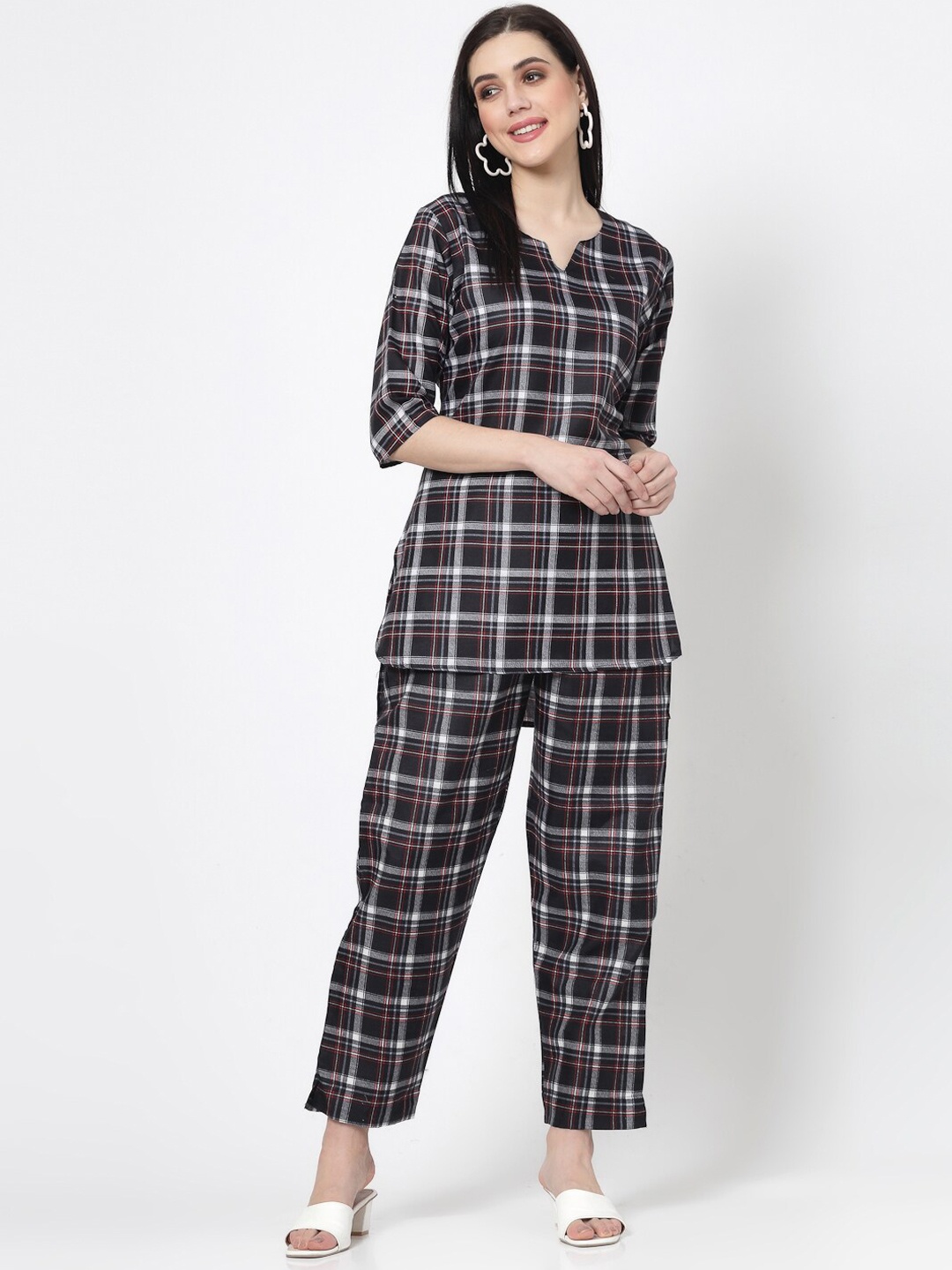 

ISHQY Checked Printed Notch Neck Co-Ords Set, Black